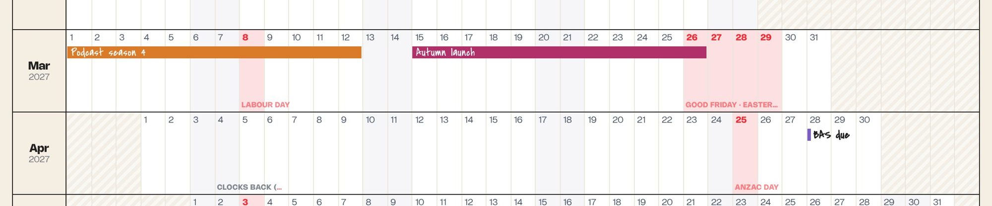 Easter and Anzac Day marked on the planner