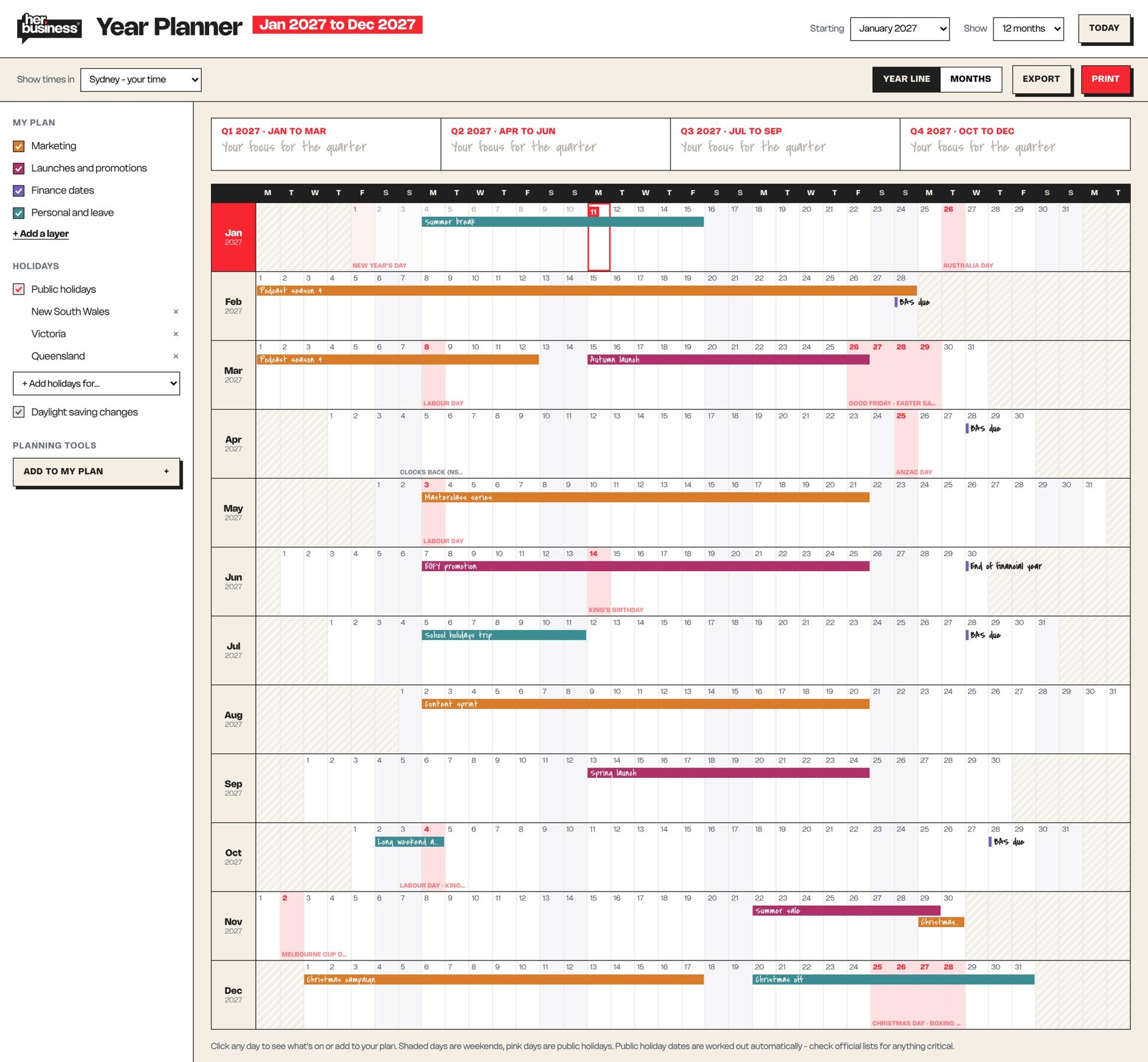 The year line view of the planner
